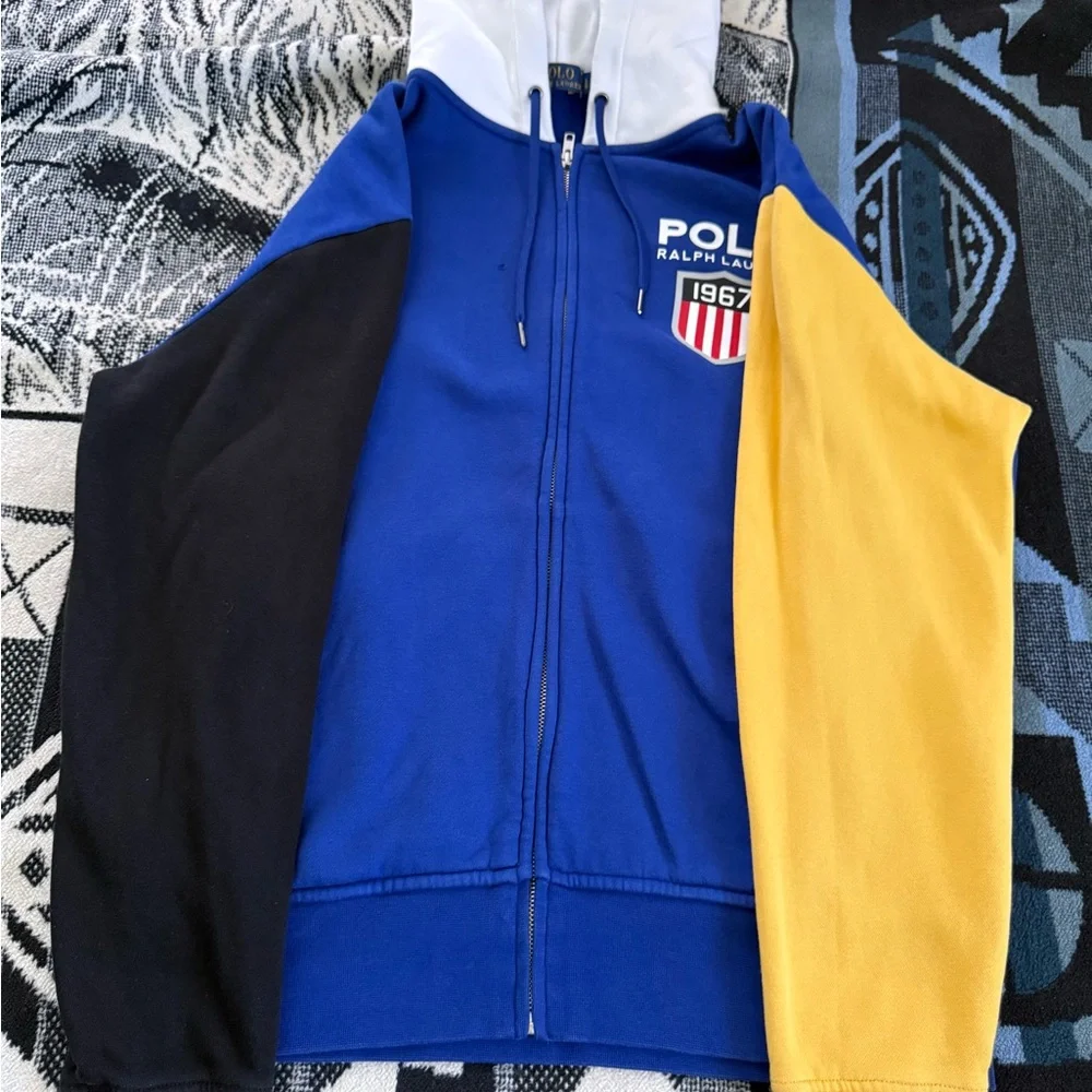 Polo Ralph Lauren Double Knit Blue White/Black/Yellow Colorblock Zip-Up Sweater